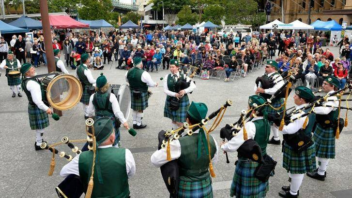 A bagpipe band plays at the Tartan Day Scottish Festival. Photo: Bradley Kanaris