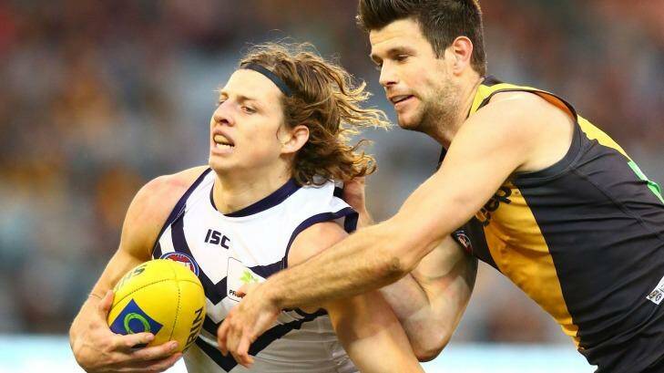 Nathan Fyfe played in the weekend win over Richmond but was restricted with an ongoing thigh problem. Photo: Scott Barbour