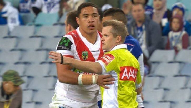 In trouble: Tyson Frizell touches referee Chris James on Friday night. Photo: FoxSports