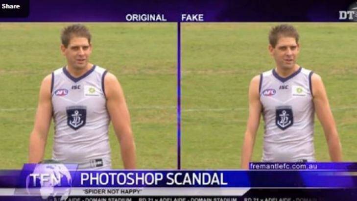 The original and photoshopped pictures of Aaron Sandilands.  Photo: Fremantle Dockers 