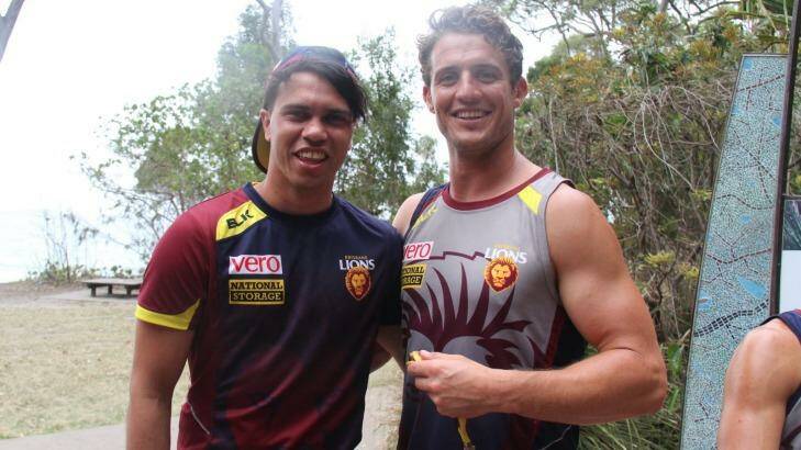 On location: Former Cat Allen Christensen (left) and new Lions teammate Matt Maguire at Brisbane's training camp
at Noosa. Photo: Supplied