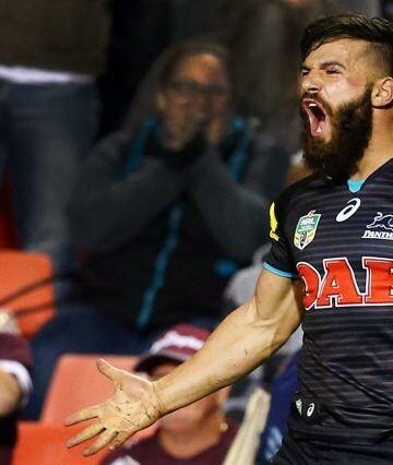 SYDNEY, AUSTRALIA - APRIL 11:  Josh Mansour of the Panthers celebrates his second try during the round six NRL match between the Penrith Panthers and the Manly Sea Eagles at Pepper Stadium on April 11, 2015 in Sydney, Australia.  (Photo by Renee McKay/Getty Images) Photo: Renee McKay