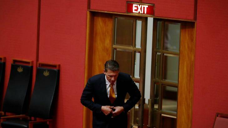 Cory Bernardi departs the Senate at Parliament House. Photo: Alex Ellinghausen