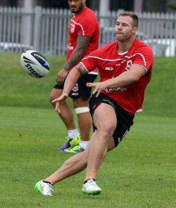 Off to Penrith: Trent Merrin training with the Dragons last week. Photo: Robert Peet