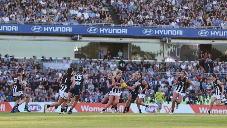 It's a sellout: 24,500 people watched Carlton thump Collingwood in the first AFLW match at Princes Park. Photo: Michael Dodge