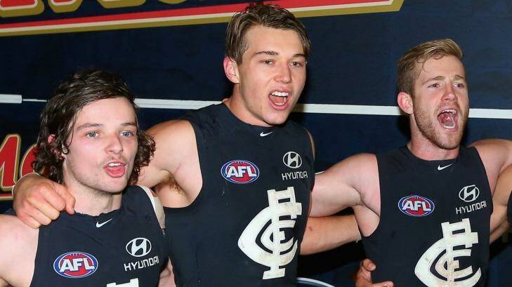 One more year: Youngsters Dylan Buckley (left) and Nick Graham (right, with Patrick Cripps)  need to prove themselves to get long-term deals. Photo: Quinn Rooney