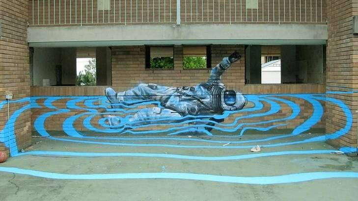 The work of Fintan Magee. This work is in Brisbane, Queensland and titled Felix Backstroke. Photo: Fintan Magee