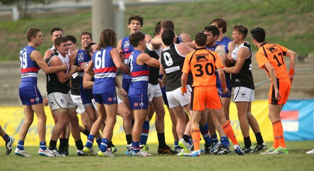 Will Minson was ejected following this melee. Photo: Pat Scala