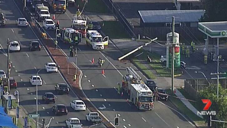 Powerlines have been taken out, and four lanes of traffic have been closed. Photo: 7 News