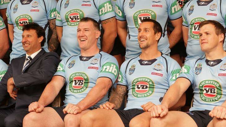 Laurie Daley, Paul Gallen and Mitchell Pearce at the New South Wales Blues State of Origin team photo at Revesby Workers Club. Photo: Mark Metcalfe