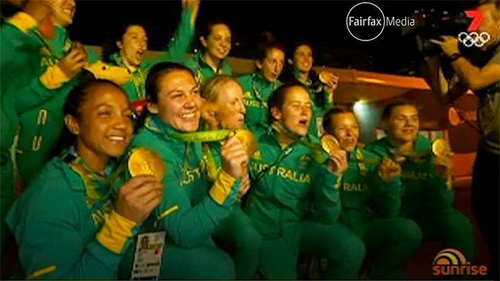 The Australian women's rugby sevens team celebrates winning gold at the Rio Olympics. Photo:  Seven Network