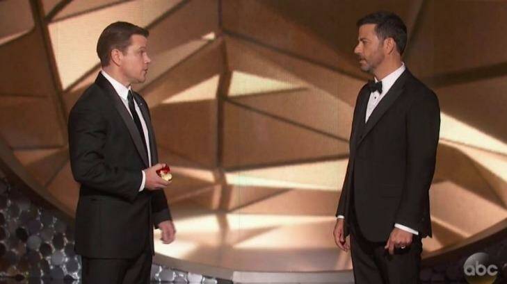 All the world's a stage: Matt Damon and Jimmy Kimmel during the 2016 Emmy Awards telecast.