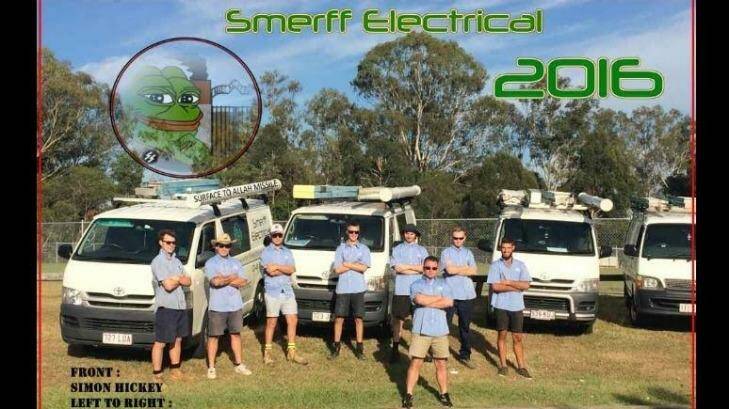 Simon Hickey (at front) with Smerff Electrical staff. Fairfax Media does not suggest those standing behind Mr Hickey support his views.