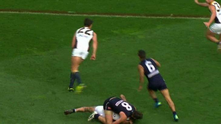The tussle in which Chris Masten is alleged to have bitten Nick Suban. Photo: Fox Footy