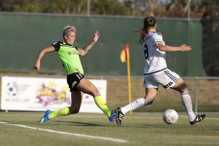 Sport.  W-League Round 10 Canberra United Vs Melbourne Victory at McKellar Park.  Canberra United player Michelle Heyman scores a goal.   19 December 2015.  Canberra Times photo by Jeffrey Chan.