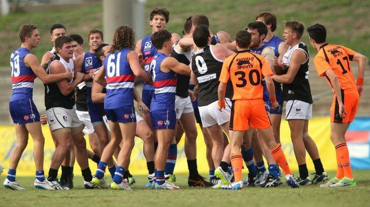 Will Minson was ejected following this melee. Photo: Pat Scala