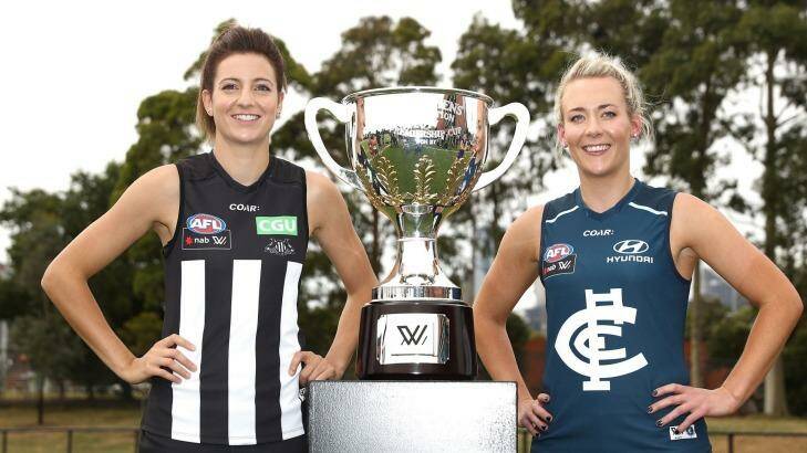 Opposing captains Steph Chiocci of the Magpies and Lauren Arnell of the Blues. Photo: Scott Barbour