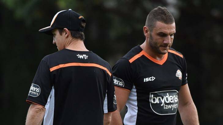 We good? Robbie Farah, right, and coach Jason Taylor crossing paths at a training session.  Photo: Nick Moir