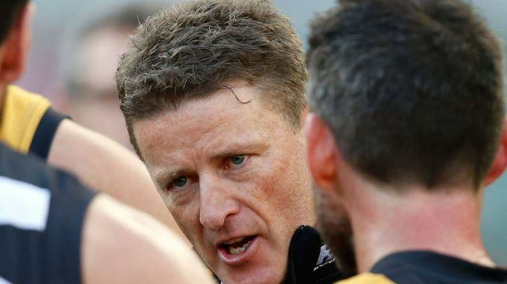 Richmond coach Damien Hardwick addresses his players during the elimination final against North Melbourne. Photo: AFL Media