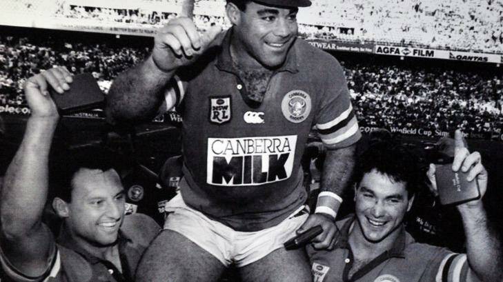Glory days: Bradley Clyde, right, with Laurie Daley and Mal Meninga after Canberra's 1994 grand final triumph. Photo: Canberra Times