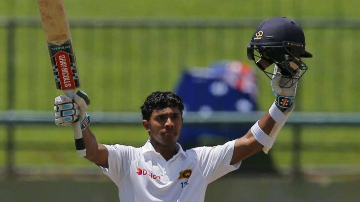 Ton up: Kusal Mendis celebrates scoring his maiden Test century. Photo: Eranga Jayawardena