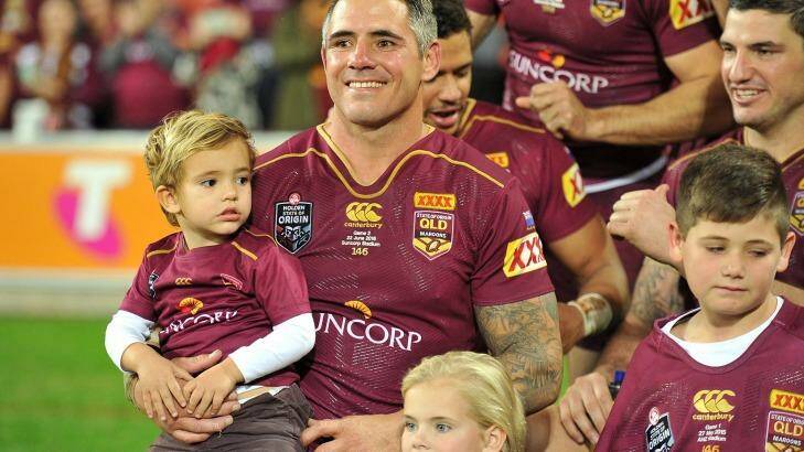 Corey Parker of the Maroons celebrates victory with family and team mates after game two of the 2016 State Of Origin series. Photo: Bradley Kanaris