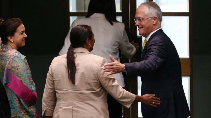 Prime Minister Malcolm Turnbull embraces senator Nova Peris after delivering the Close the Gap report earlier this year. Photo: Andrew Meares