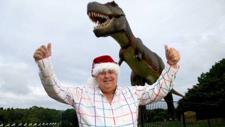 Clive Palmer with Jeff the dinosaur. Photo: Michelle Smith