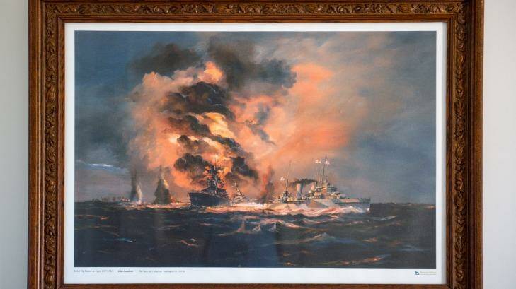 A dramatic painting of the sinking of the  HMAS Perth almost 75 years ago. Photo: Penny Stephens