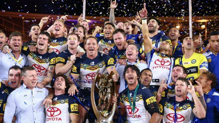 Jubilation: the Cowboys after last year's golden-point grand final win. Photo: Cameron Spencer