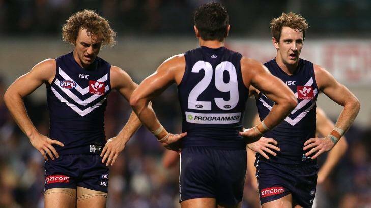 Mayne (left), Pavlich and Barlow (right) may all be missing from Fremantle next year. Photo: Paul Kane