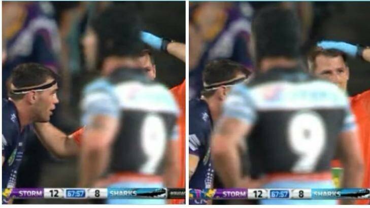 Head trouble: a Melbourne Storm trainer indicates that Storm player Dale Finucane needs a head injury assesement during the grand final against Cronulla. Photo: Channel Nine