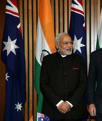 Indian Prime Minister Narendra Modi and Prime Minister Tony Abbott at Parliament House. Photo: Alex Ellinghausen