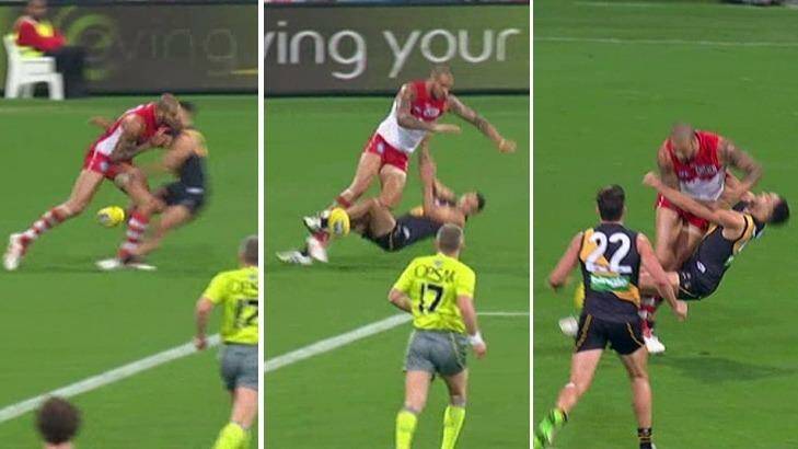 Lance Franklin was reported for this clash with Richmond's Shane Edwards during the round 13 clash at the SCG. Photo: Channel Seven
