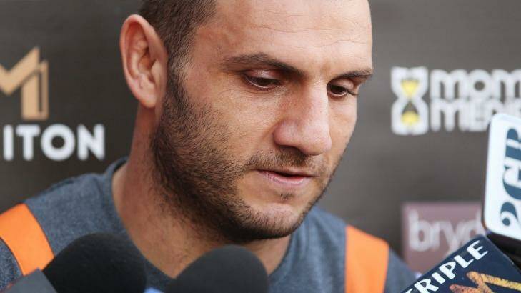 Facing the media: Robbie Farah on Wednesday morning after being told he is no longer wanted by Wests Tigers. Photo: Brendon Thorne