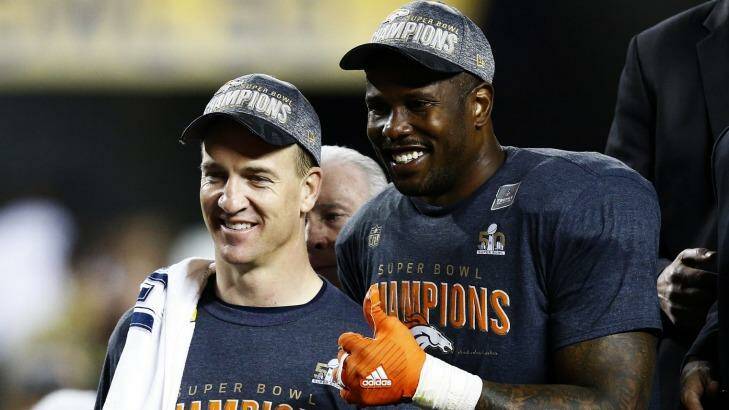 Legend and the star: Peyton Manning and Von Miller celebrate after defeating the Carolina Panthers . Photo: Al Bello