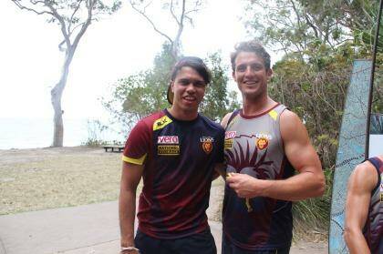 On location: Former Cat Allen Christensen (left) and new Lions teammate Matt Maguire at Brisbane's training camp
at Noosa. Photo: Supplied