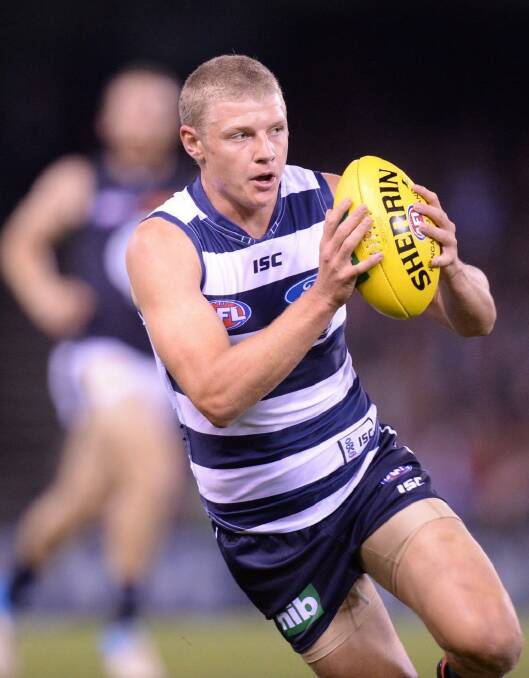 Taylor Hunt played 63 games in his five years with Geelong, becoming a regular senior player in 2012 playing as a run-with midfielder. Photo: Sebastian Costanzo