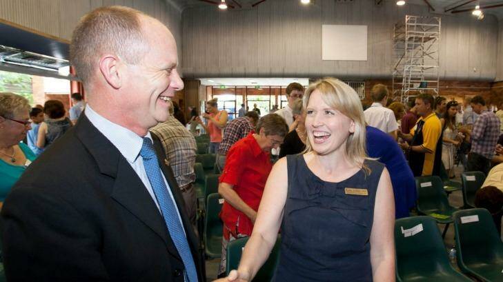 Campbell Newman and Kate Jones cross paths at The Gap State School. Photo: Paul Harris