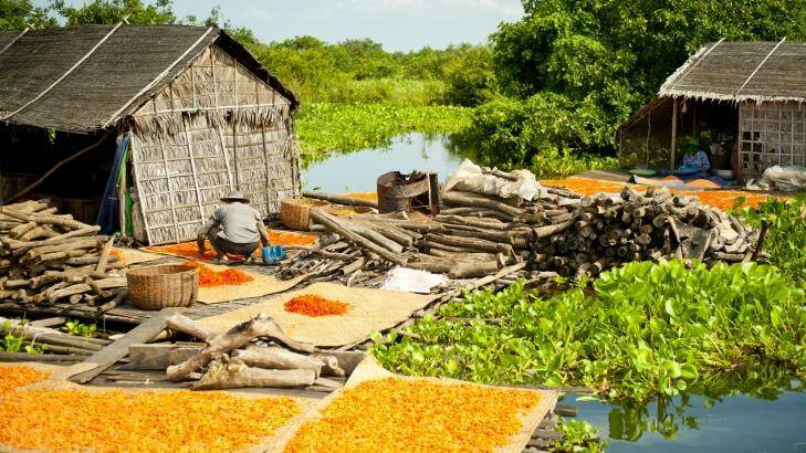 Villagers lay out their crops to dry on pontoons at Tonle Sap village.