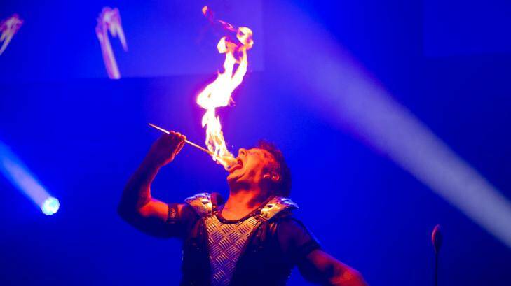 Fire eater Brendan Mon Tanner brought colour and light to the launch of the 2014 Ekka. Photo: Seesaw Photography