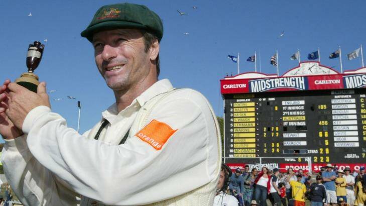 Steve Waugh with ashes replica trophy at the WACA. Photo: Craig Golding