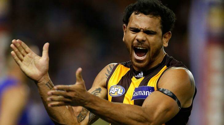 Hawthorn small forward Cyril Rioli shows his glee after scoring. Photo: AFL Media/Getty Images