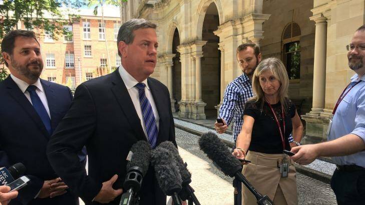 Opposition transport spokesman Andrew Powell and Opposition Leader Tim Nicholls speak to media about the Strachan Inquiry. Photo: Felicity Caldwell