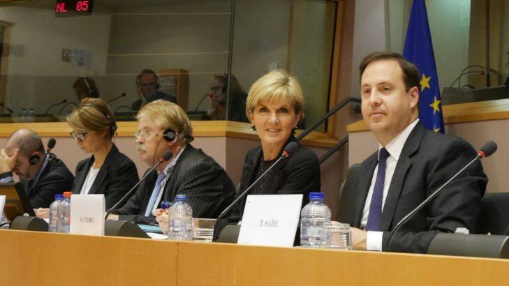 Trade Minister Steven Ciobo and Foreign Minister Julie Bishop in the European Parliament earlier this year. Photo: Nick Miller