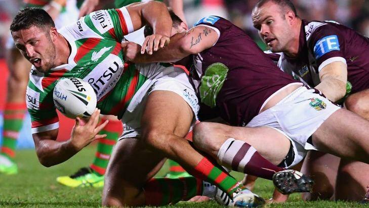 Back in business: Sam Burgess made life difficult for Manly on his return from injury. Photo: Cameron Spencer