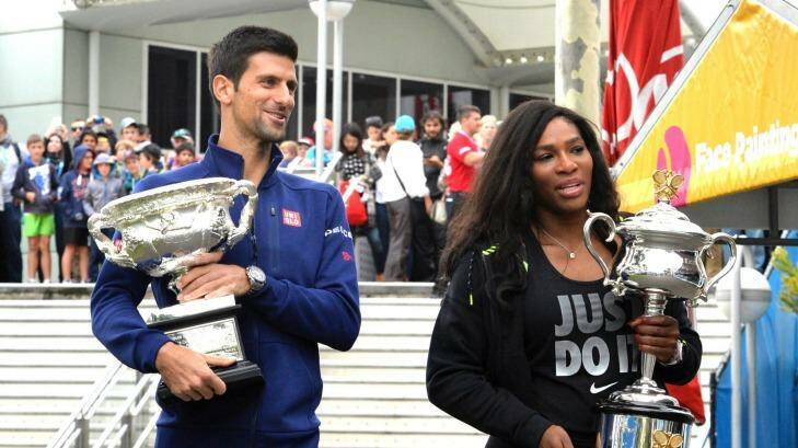 2015 Australian Open winners Novak Djokovic and Serena Williams at the 2016 draw on Friday. Photo: Joe Armao