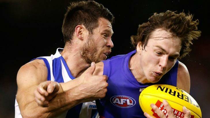 Sam Gibson of the Kangaroos and Liam Picken of the Bulldogs wrestle for possession. Photo: AFL Media/Getty Images