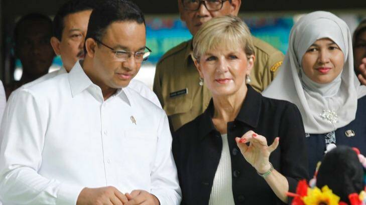 Jakarta gubernatorial candidate Anies Baswedan with Australian Foreign Minister Julie Bishop in March 2016, when he was Indonesia's education minister. Photo: Irwin Fedriansyah