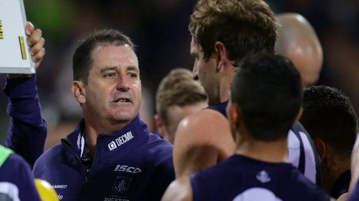 Dockers coach Ross Lyon addresses his players against Collingwood. Photo: AFL Media/Getty Images